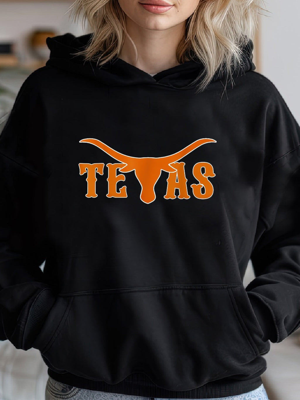 Long Sleeve Classic Print Pullover Hoodie, Texas USA Austin Pride Bull American Cozy Casual For Sports