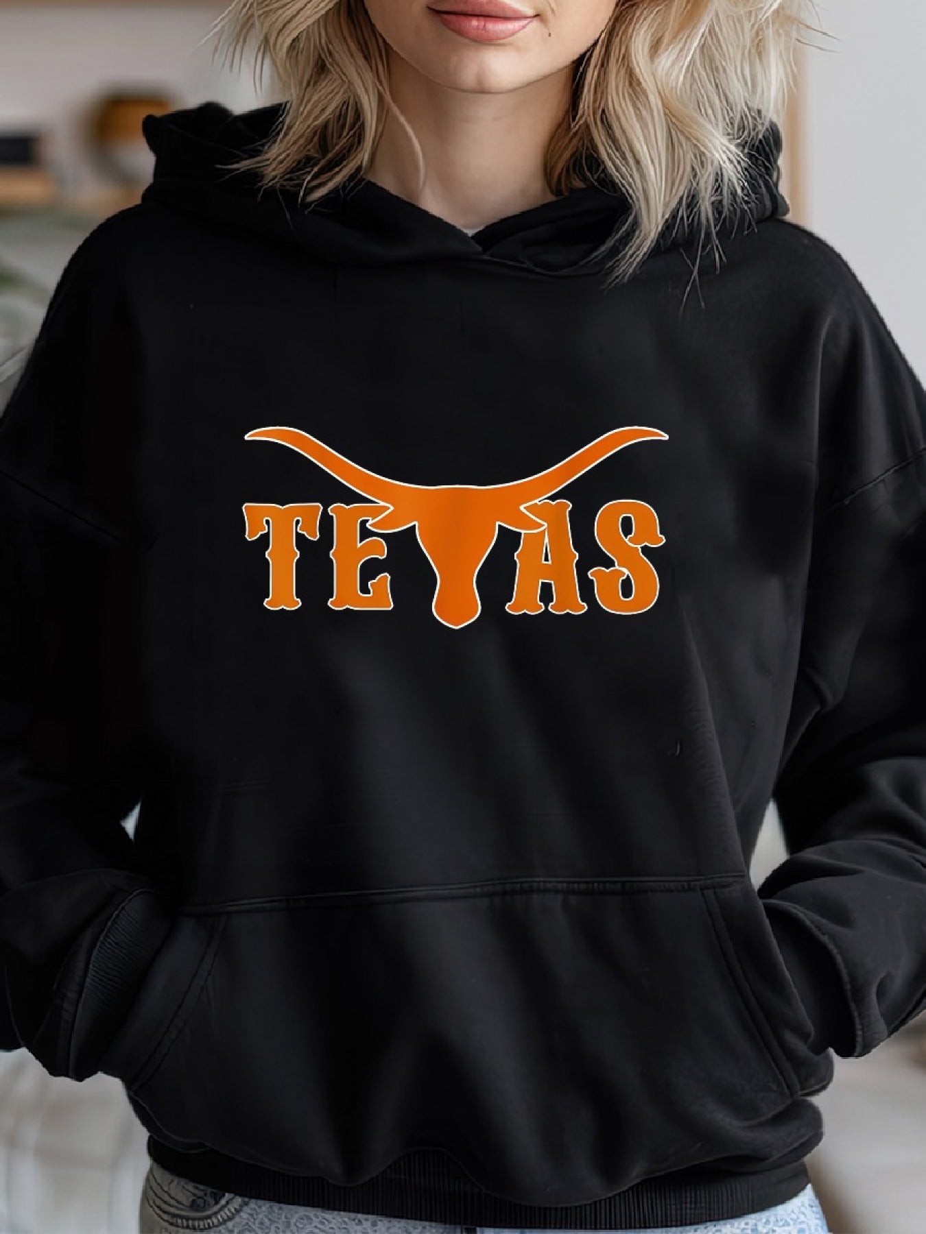Long Sleeve Classic Print Pullover Hoodie, Texas USA Austin Pride Bull American Cozy Casual For Sports