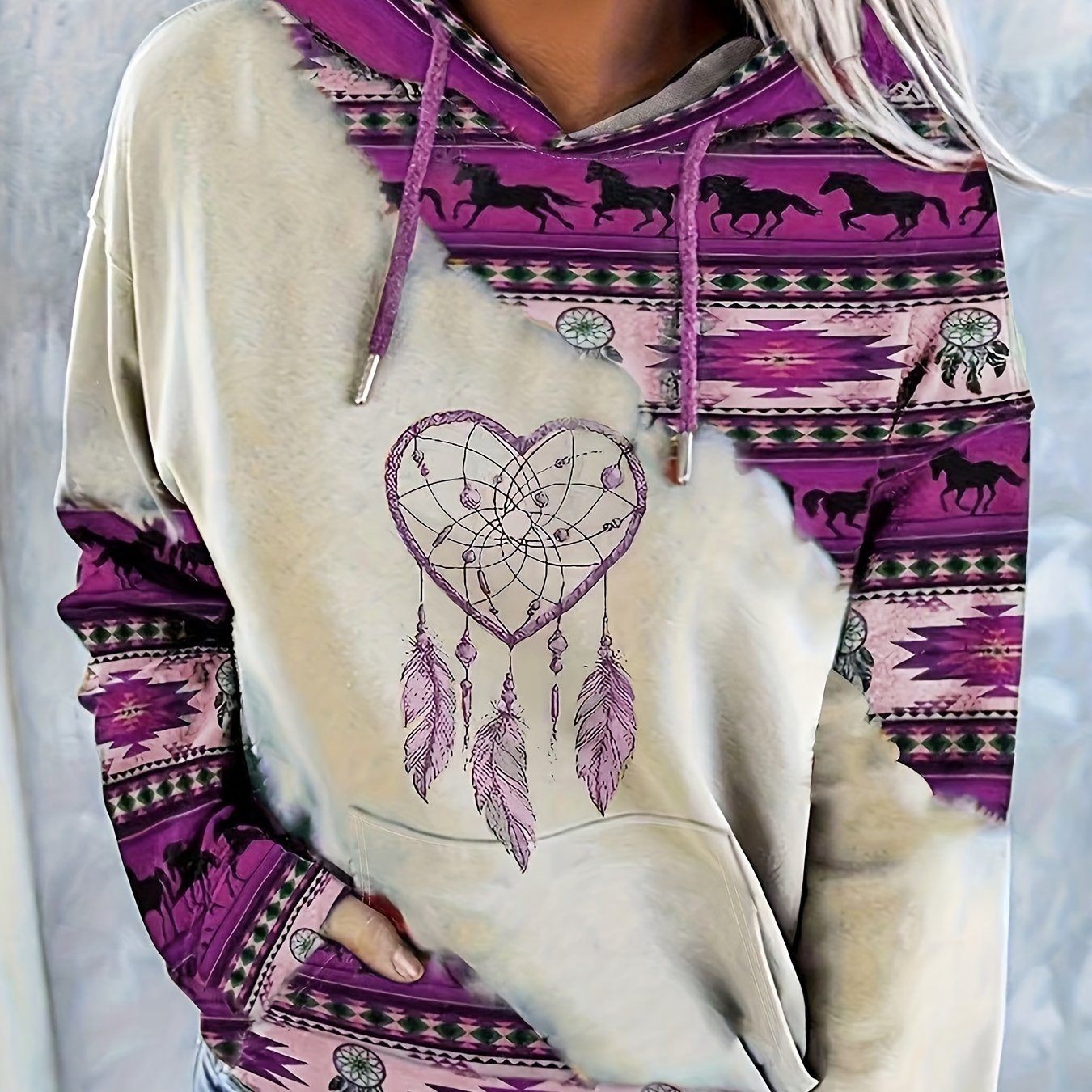 Women's Boho-Chic Western Hoodie with Dreamcatcher & Horse Print - Vintage-Inspired Casual Pullover in Beige, Purple, and White, Polyester Blend, Machine Washable