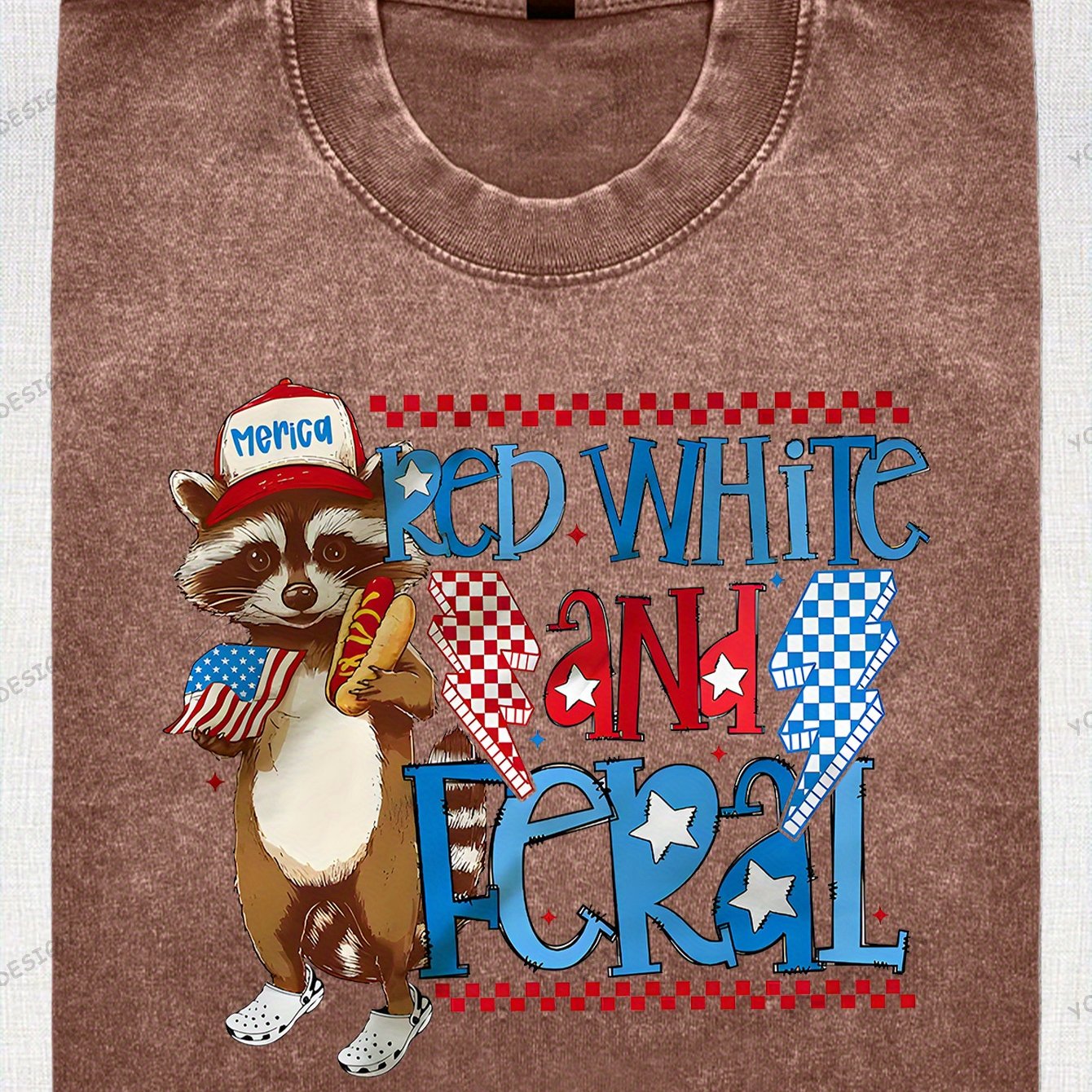 230G Washed Old Cotton T-Shirt, Fashionable 4Th of July, Wild Raccoon, American Flag Design, Independence Day, Dad'S Gift, Relaxed Street Style.