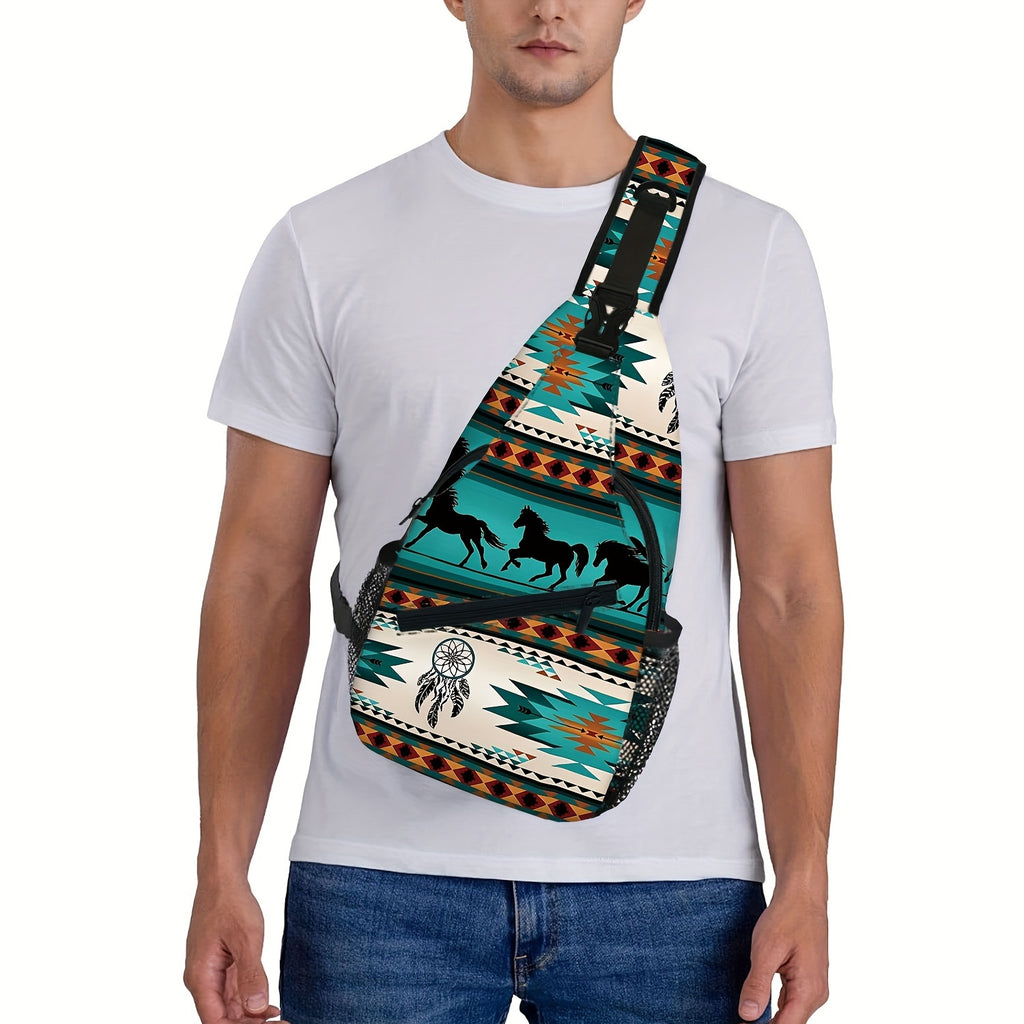 Totem Style Horse Pattern Print Casual Sling Bag, Men's And Women's Crossbody Bag For Travel & Daily Commute