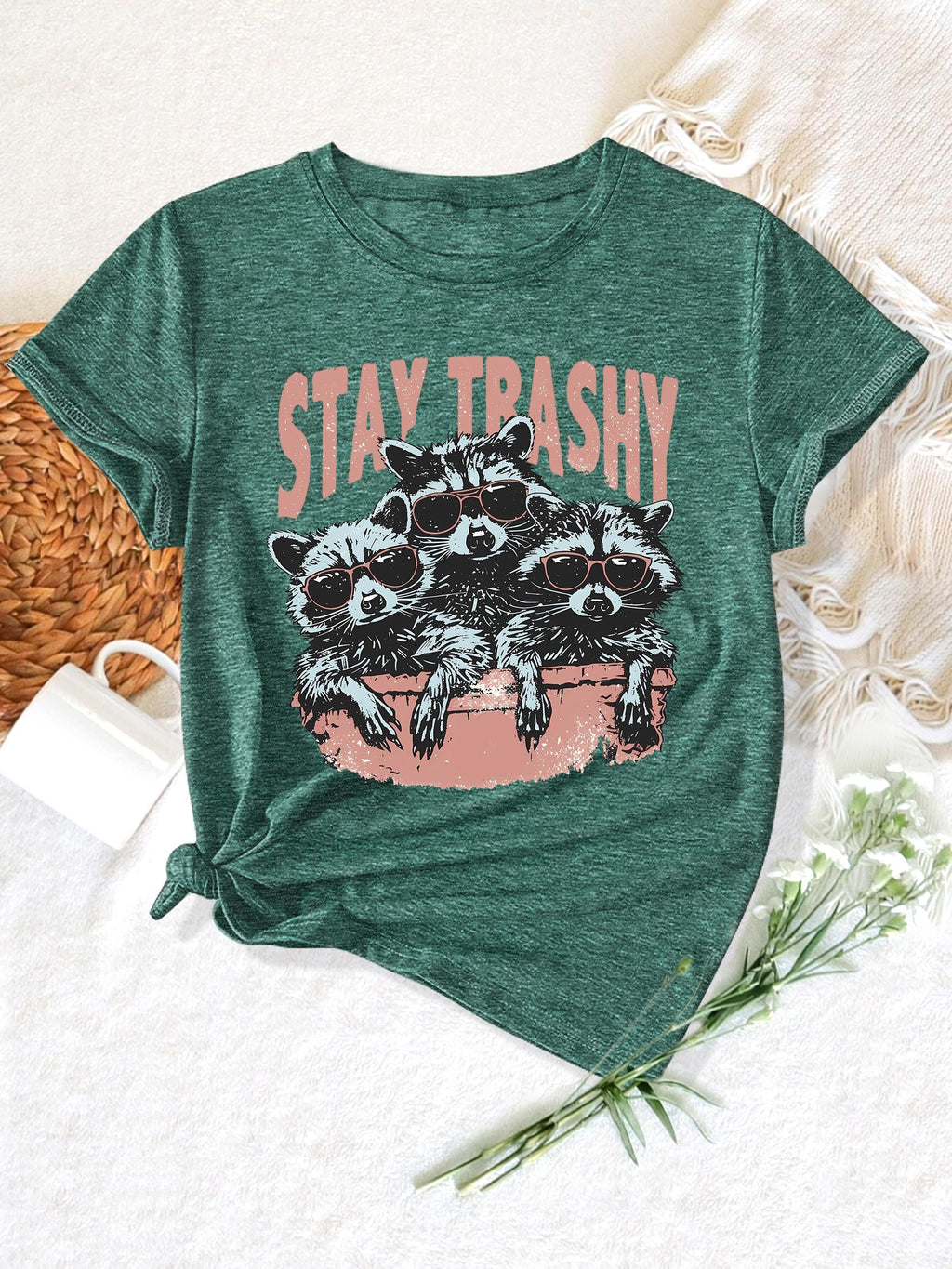 Whimsical Animal Series - Three Little Raccoon Graphic Print Round Neck Short Sleeve Sports T-Shirt - Casual Fashionable, Trendy, Elegant, Retro-Inspired Top for Adult Women
