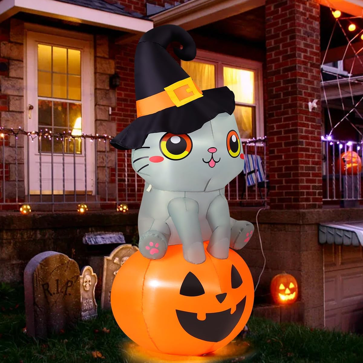 6 FT Halloween Inflatable Cat Outdoor Decoration - Adorable Wizard Cat Sitting on Pumpkin with Built-in LEDs for Garden, Lawn, and Indoor Party Decor
