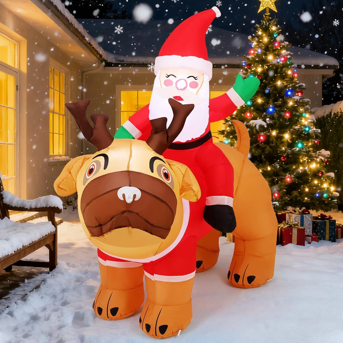 5 FT Inflatable Santa Claus Riding Pug Dog Outdoor Decoration with LED Lights for Christmas Holiday Party and Indoor Garden Lawn Decor