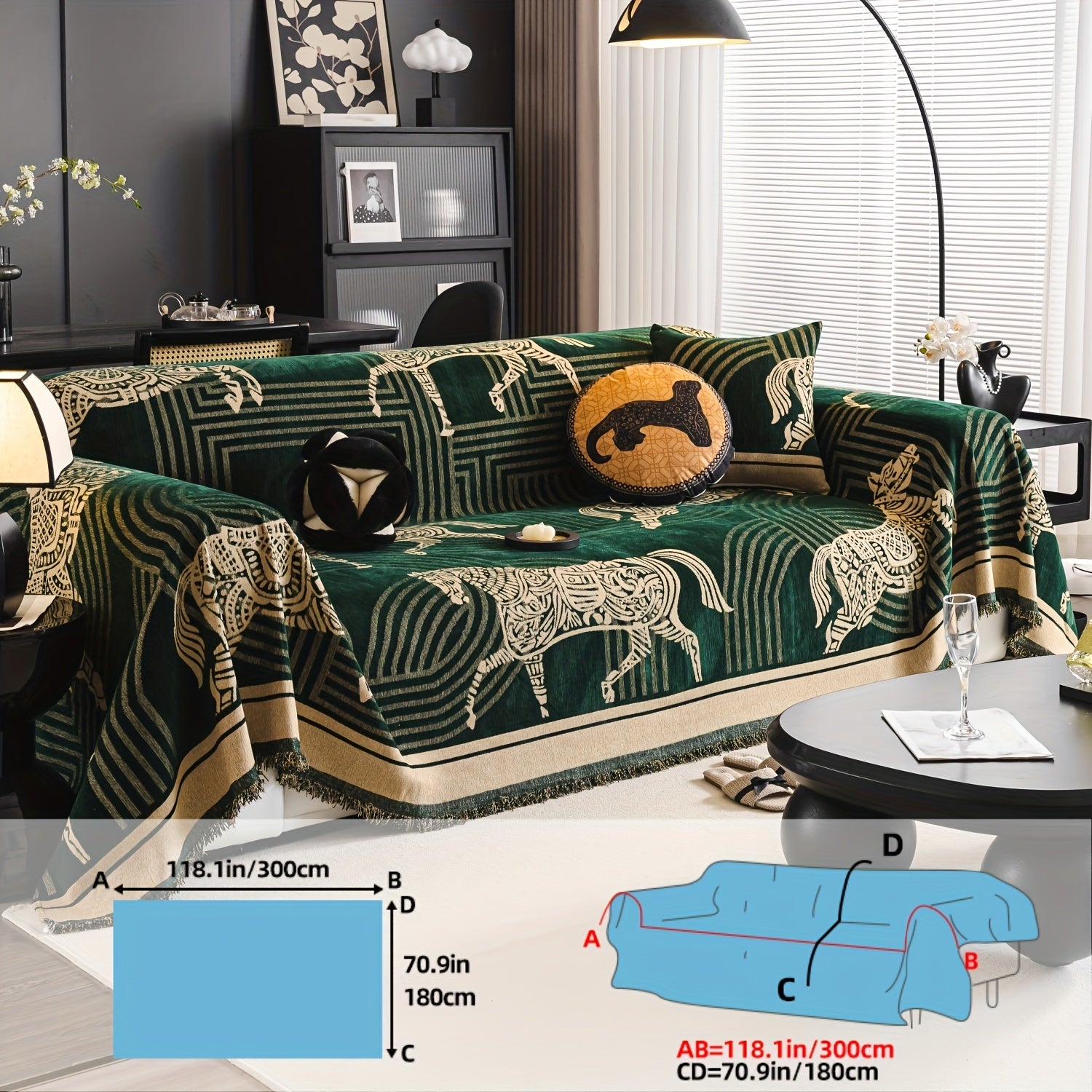 Luxurious Chenille Sofa Cover with Horse Design - Dual-Tone, Pet-Friendly & Machine Washable for Armchairs to L-Shaped Couches - Modern Home Decor Gift
