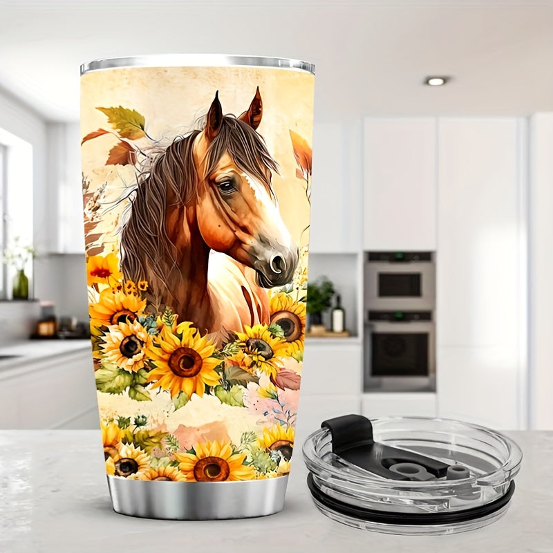 304 Stainless Steel Travel Tumbler, Double-Walled Vacuum Insulated Cup with 3D Horse Print, Leak-Proof Lid, Keeps Beverages Hot or Cold, Ideal for Coffee, Tea, Juice