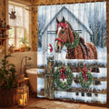 1pc Large Horse-Themed Christmas Shower Curtain - Winter Snowy Barn & Red Truck Design with Wreaths, Snowman, Holly Berries - Washable Bathroom Decor (70.8"x70.8") with 12 Hooks - Farmhouse Holiday Bath Curtain for Horses, 2D