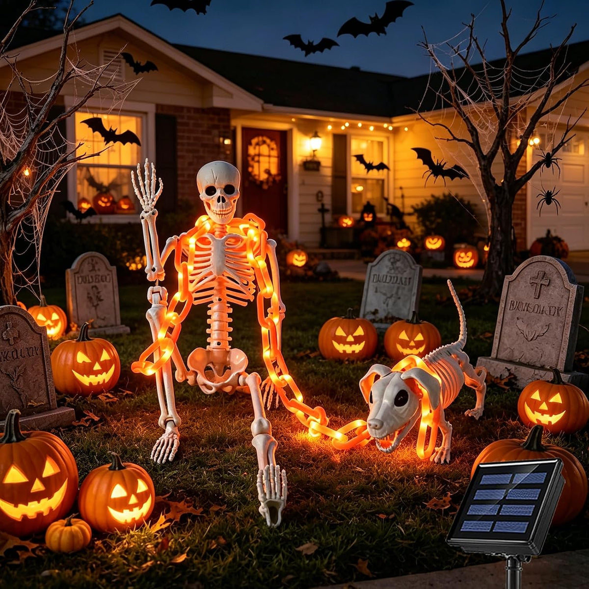 3-Foot Skeleton and Dog Skeleton with Illuminated Chain, Outdoor Halloween Decor