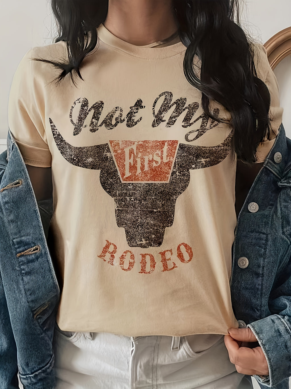 Rodeo Cow Head Print T-shirt, Casual Crew Neck Short Sleeve T-shirt, Women's Clothing