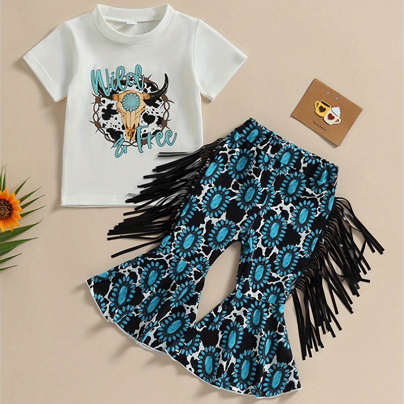 2pcs Toddler Girls Bull Head Graphic T-Shirt & Tassel Cow Graphic Flare Leg Pants Set for Summer Outdoor