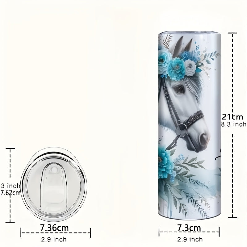 1pc Stainless Steel Insulated Tumbler Cup with White Horse & Roses Design, Reusable Oval Travel Mug, Non-Slip, BPA-Free, Ideal for Outdoor Camping & BBQ, Perfect Gift for Adults, Animal Print, Hand Wash Only, Suitable for Chr