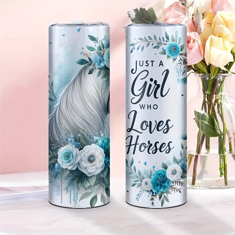 1pc Stainless Steel Insulated Tumbler Cup with White Horse & Roses Design, Reusable Oval Travel Mug, Non-Slip, BPA-Free, Ideal for Outdoor Camping & BBQ, Perfect Gift for Adults, Animal Print, Hand Wash Only, Suitable for Chr