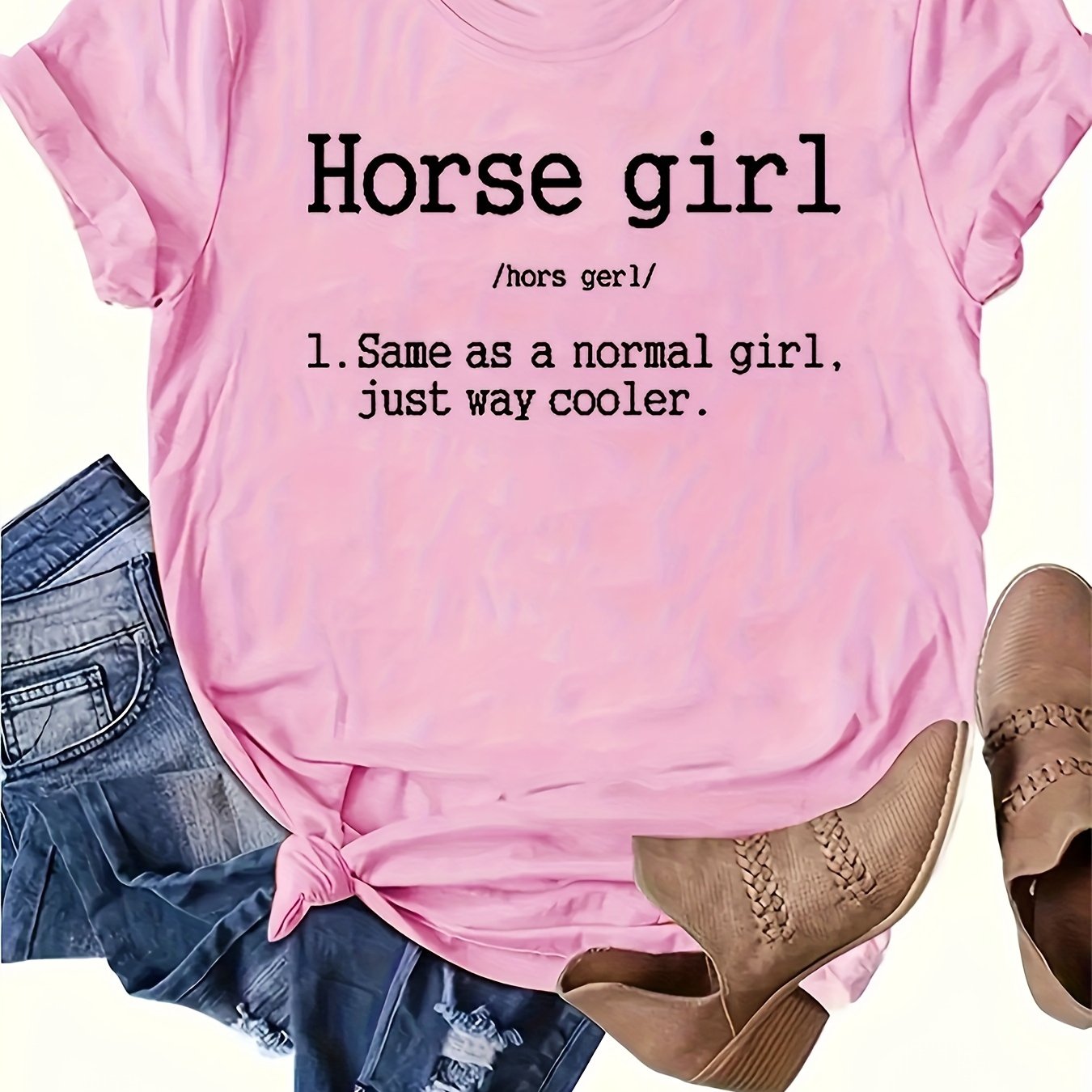 Vibrant Horse Girl Letter Print T-Shirt - Soft Short Sleeve Crew Neck Casual Top for Summer - Comfortable Women's Clothing for Horse Lovers