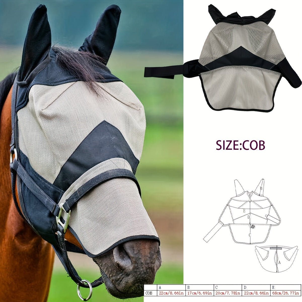 Equestrian Long Nose Fly Mask for Horses, PVC Breathable Mesh Protection with Adjustable Straps - Fly Repellent Horse Mask