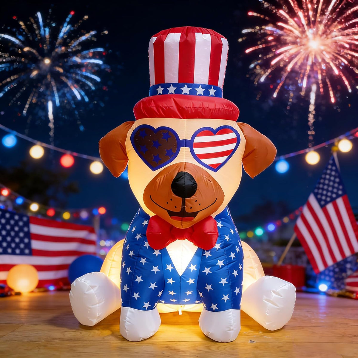 4FT Patriotic Independence Day 4th of July Memorial Day Inflatable Outdoor Decoration, Pug in Uncle Sam Hat, LED Lights Holiday Blow Up for Fourth July Party Garden Yard Lawn Decor