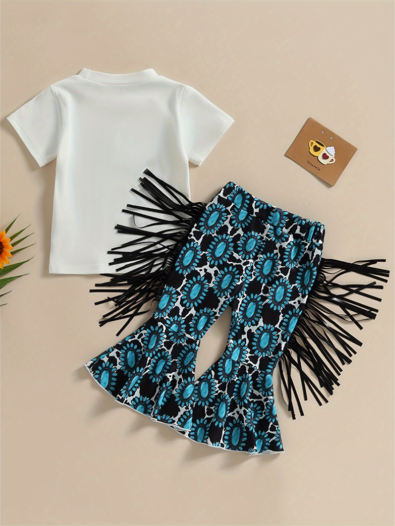 2pcs Toddler Girls Bull Head Graphic T-Shirt & Tassel Cow Graphic Flare Leg Pants Set for Summer Outdoor