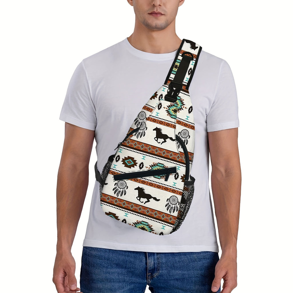 Totem Style Horse Pattern Print Casual Sling Bag, Men's And Women's Crossbody Bag For Travel & Daily Commute