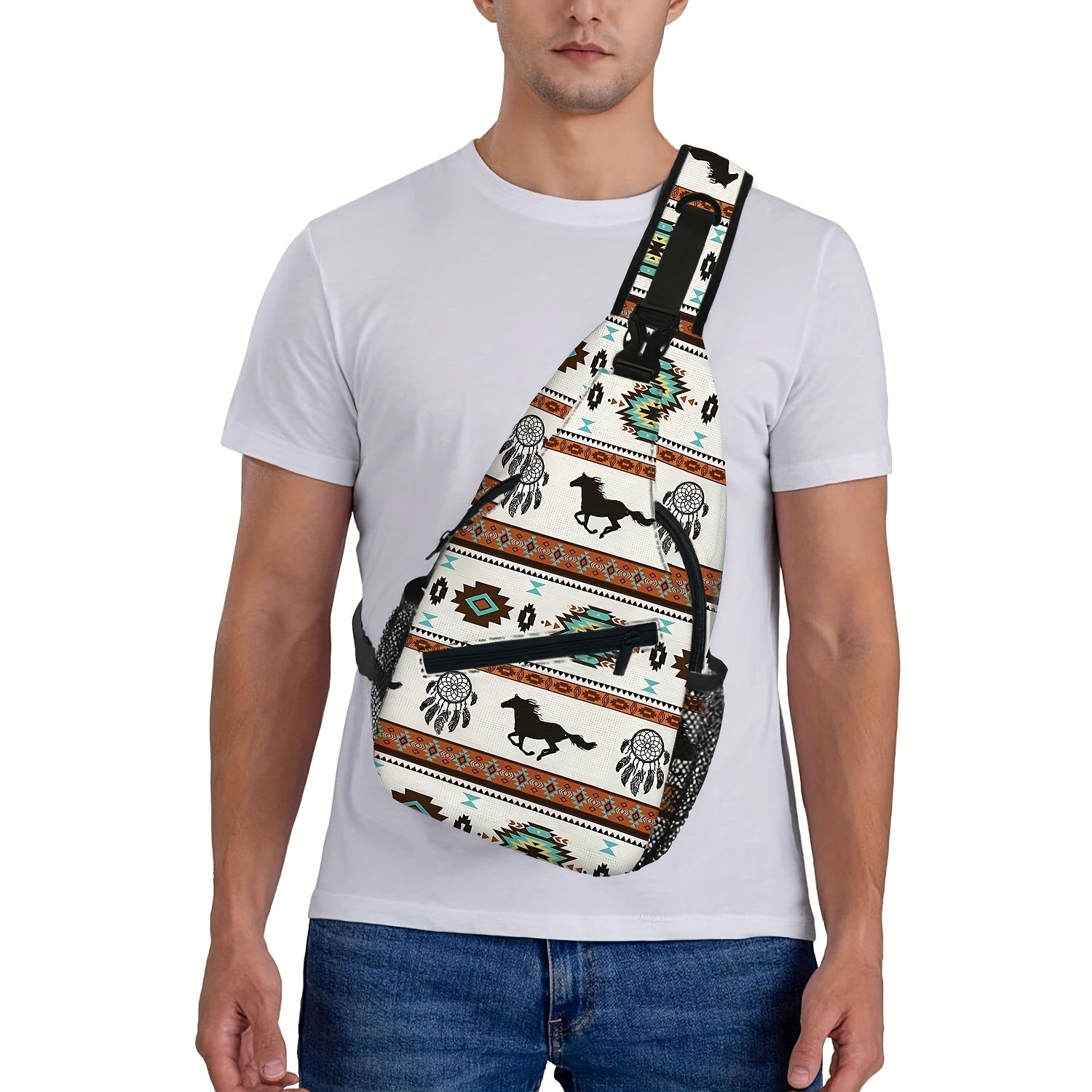 Totem Style Horse Pattern Print Casual Sling Bag, Men's And Women's Crossbody Bag For Travel & Daily Commute