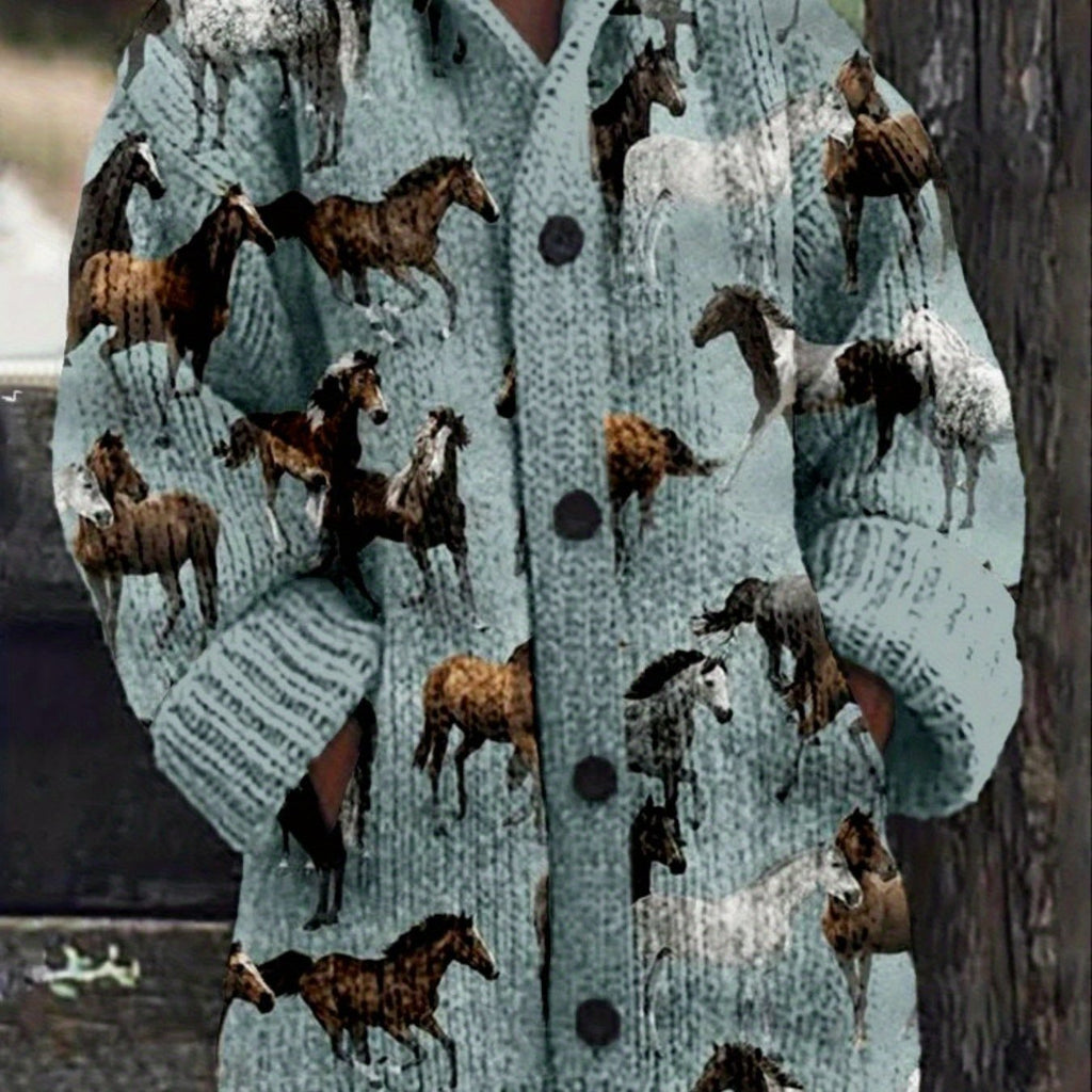 Women'S Winter Warm Hooded Sweater with Horse Digital Art Print - Soft Long Sleeve Pullover, V-Neck Button Front Closure, Cozy Casual Sweater for Fall & Winter, Horse Pattern Sweater for Everyday & Semi-Formal Outfits, Women'