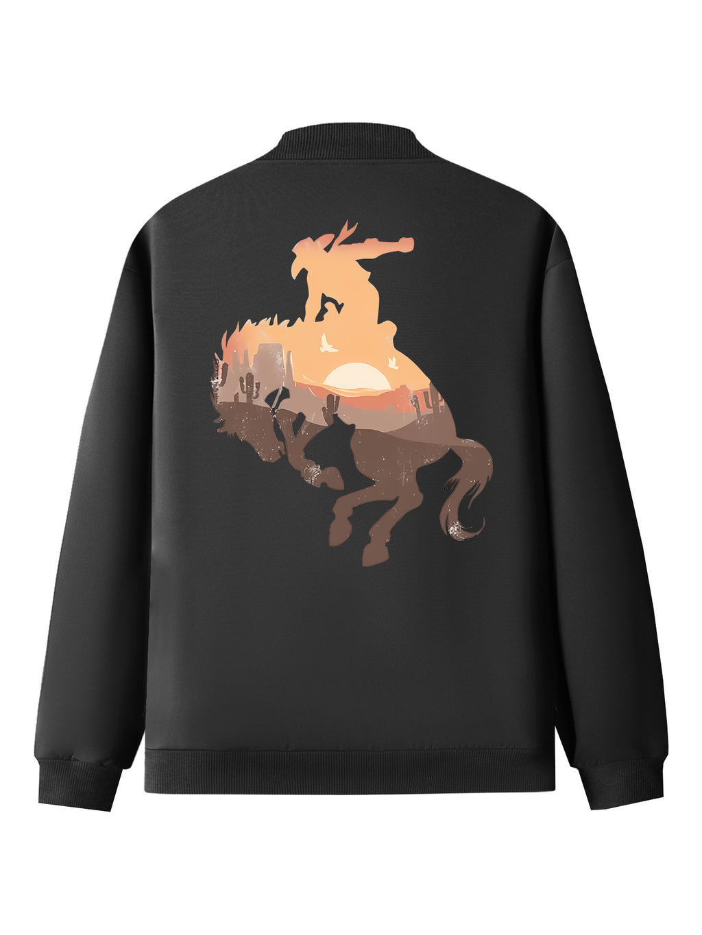 Women's Western Cowboy Print Casual Jacket - Black Zip-Up Long Sleeve with Stand Collar, Horse Graphic Design, Perfect for Fall and Winter Outfits, Casual Wear Jacket | Graphic Print Jacket | Polyester Fabric