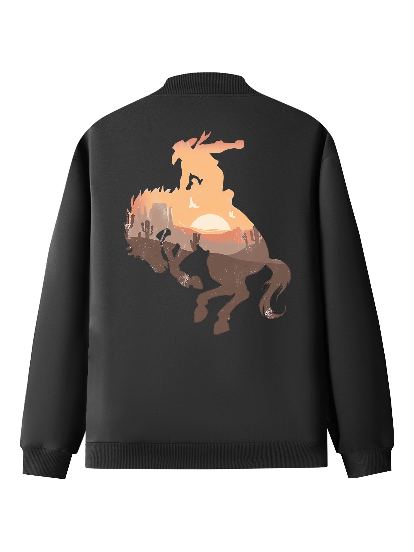 Women's Western Cowboy Print Casual Jacket - Black Zip-Up Long Sleeve with Stand Collar, Horse Graphic Design, Perfect for Fall and Winter Outfits, Casual Wear Jacket | Graphic Print Jacket | Polyester Fabric