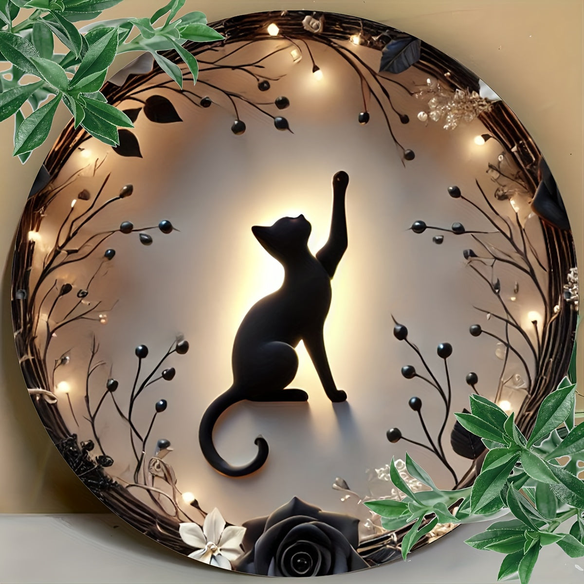 Halloween Black Cat Silhouette Metal Wreath Sign - Aluminum Engraving Wall Decor with Floral Accents for Home, Cafe, Gym, Restroom - Festive Indoor Holiday Art Piece