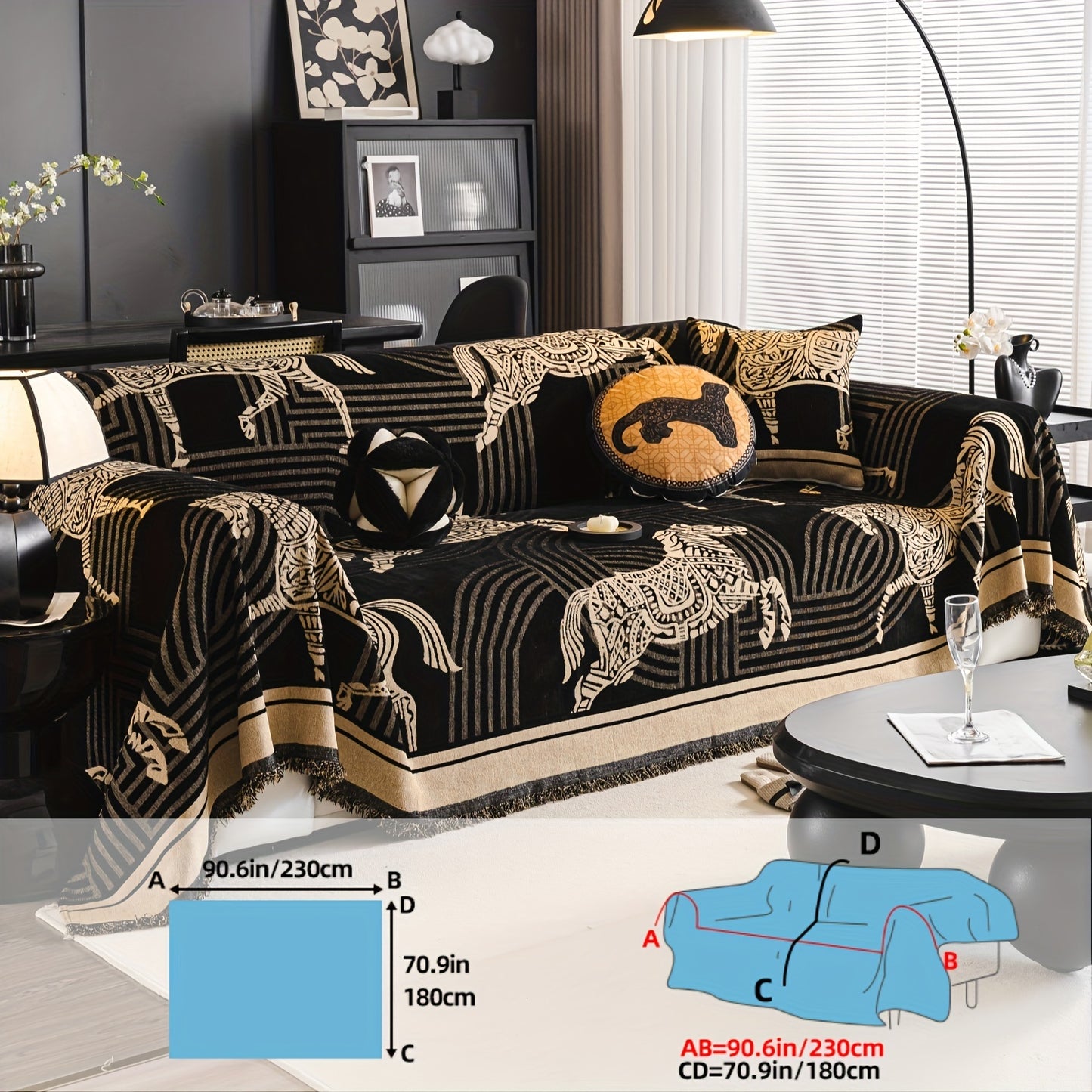 Luxurious Chenille Sofa Cover with Horse Design - Dual-Tone, Pet-Friendly & Machine Washable for Armchairs to L-Shaped Couches - Modern Home Decor Gift