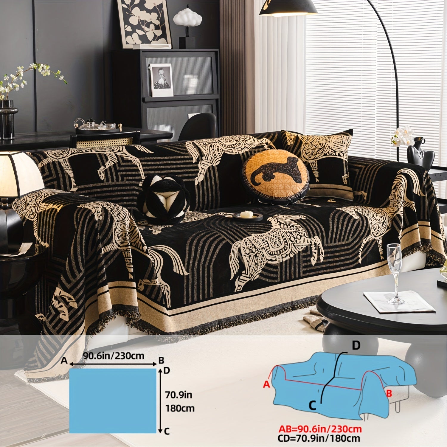 Luxurious Chenille Sofa Cover with Horse Design - Dual-Tone, Pet-Friendly & Machine Washable for Armchairs to L-Shaped Couches - Modern Home Decor Gift