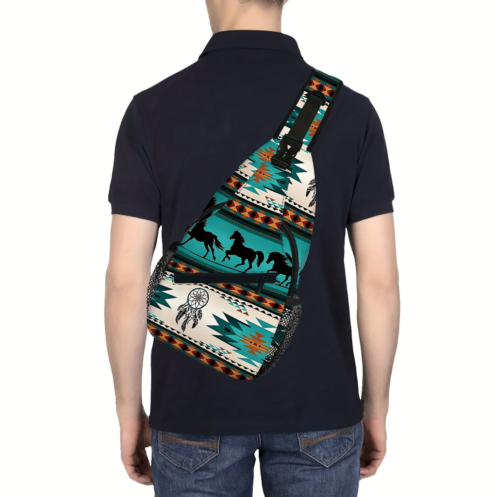 Totem Style Horse Pattern Print Casual Sling Bag, Men's And Women's Crossbody Bag For Travel & Daily Commute