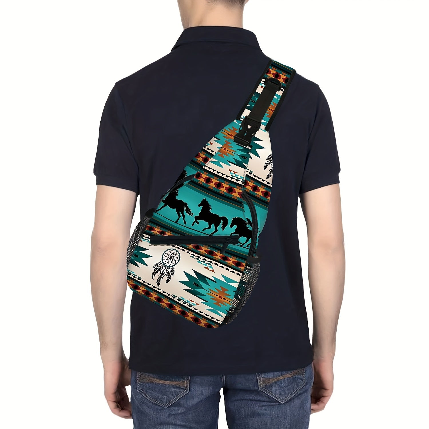 Totem Style Horse Pattern Print Casual Sling Bag, Men's And Women's Crossbody Bag For Travel & Daily Commute