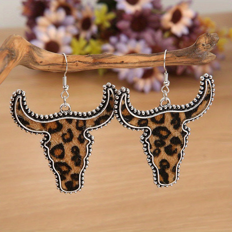 Flocking Cow/ Leopard Pattern Bull Head Design Dangle Earrings Retro Ethnic Style Western Holiday Earrings