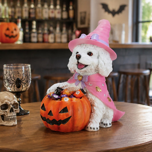 Halloween White Teddy Puppy Figurine - Witch Dog with Pumpkin Candy Bowl Decoration