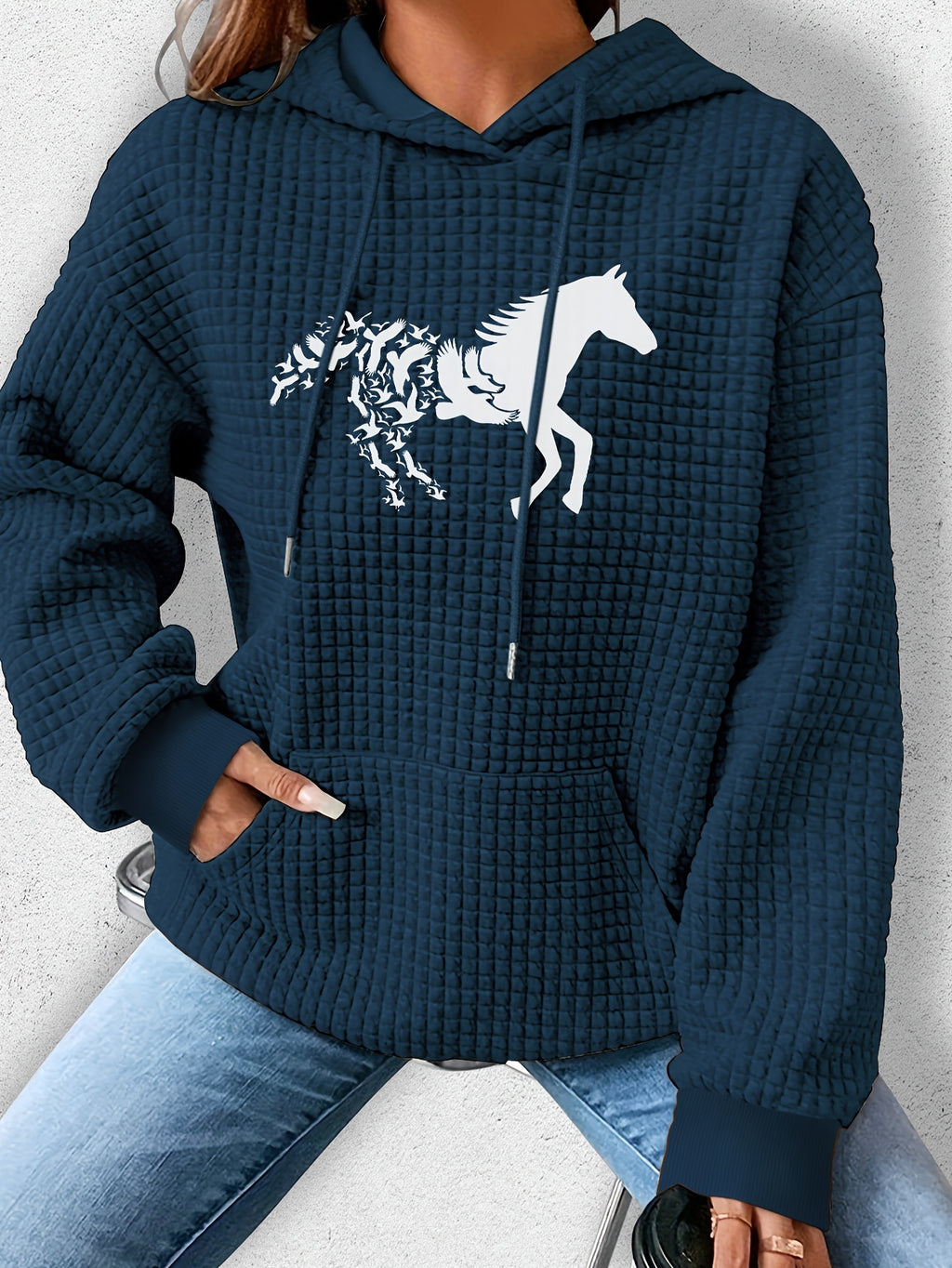 Vibrant Horse Print Waffle Hoodie - Soft, Cozy, and Casual Drawstring Kangaroo Pocket Sweatshirt for Women - Perfect for Fall and Spring Seasons