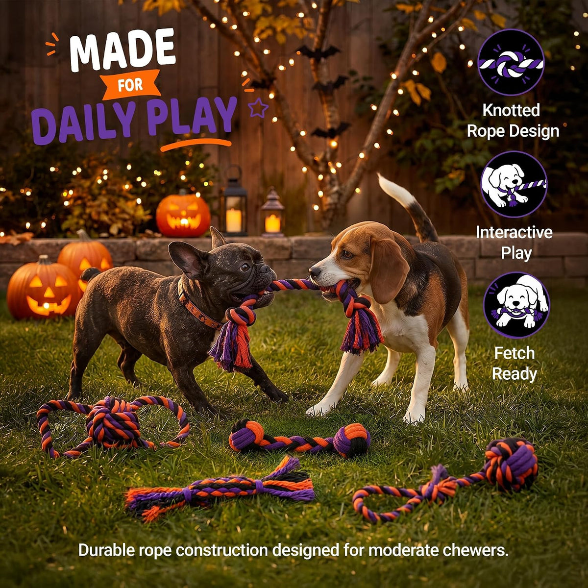 Halloween Dog Toys 8-Pack for Small Dogs — 8 Dog Rope Toys + Frisbee | Halloween Dog Toys Pack | Benefits Dog Rescue