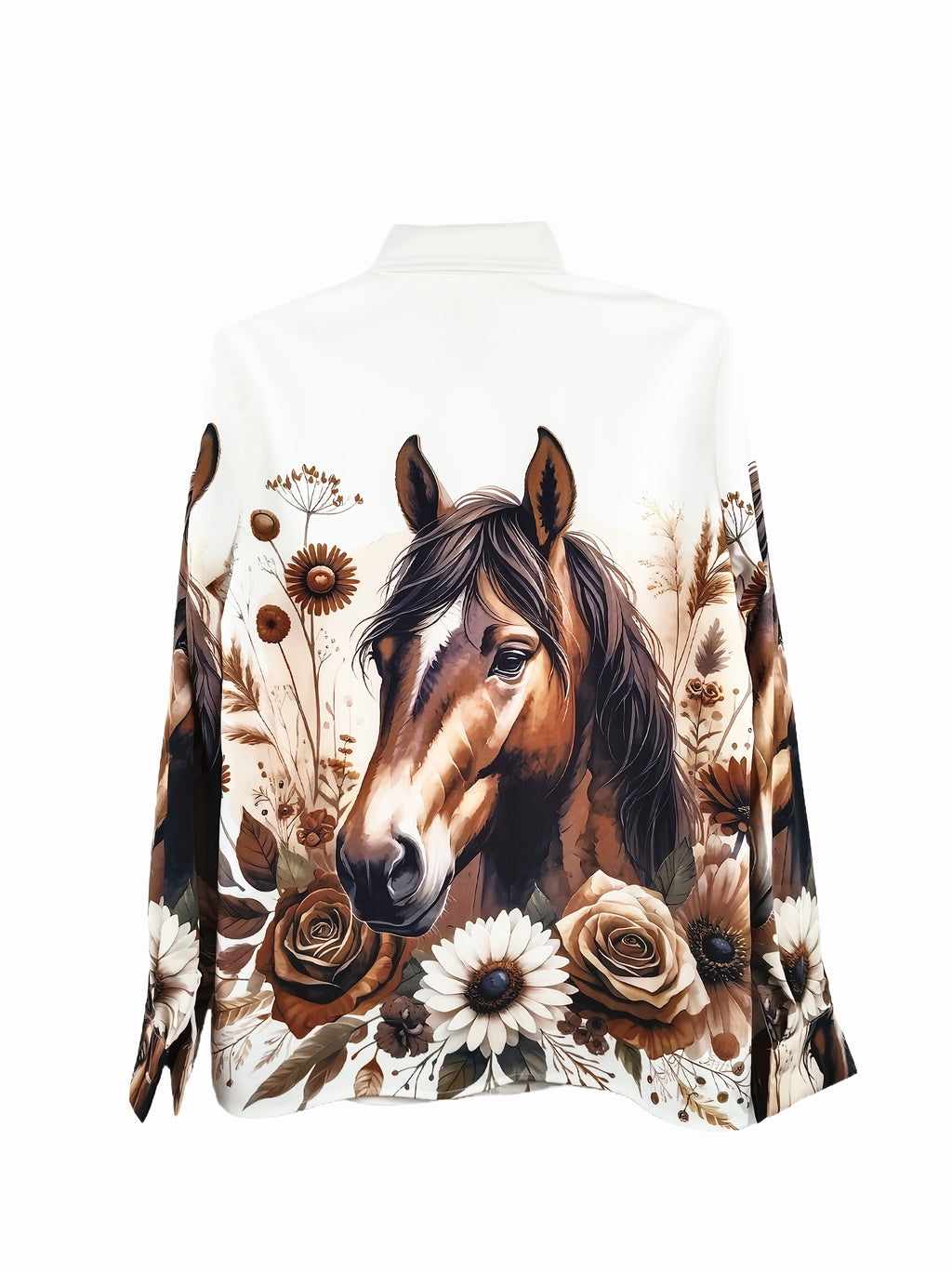 [Polyester Horse Print Blouse] 100% Polyester Women's Horse Print Blouse | Long Sleeve, Machine Washable, Casual Elegance with Floral Design, Button-Up Front, All-Season Wear