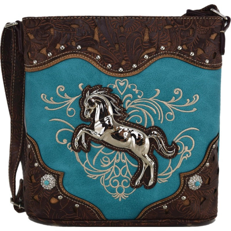 Western Horse Embroidery Faux Leather Crossbody Bag, Cowgirl Style Shoulder Handbag, with Floral Design and Rhinestone Accents, Polyester Lined, with Zipper Closure for Women