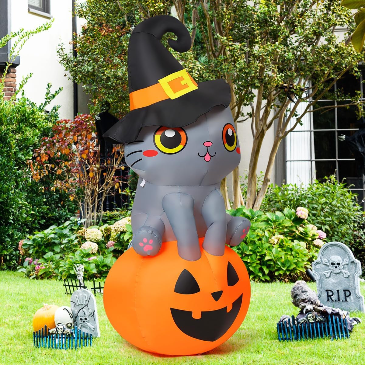 6 FT Halloween Inflatable Cat Outdoor Decoration - Adorable Wizard Cat Sitting on Pumpkin with Built-in LEDs for Garden, Lawn, and Indoor Party Decor