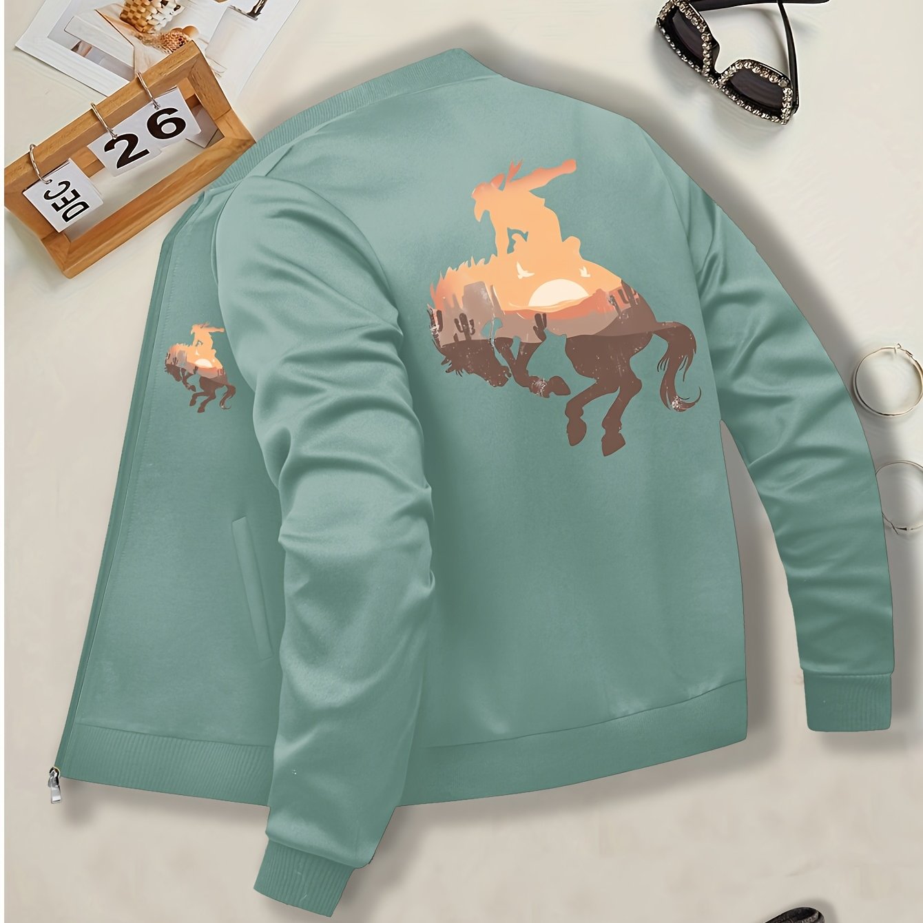Women's Western Cowboy Print Casual Jacket - Black Zip-Up Long Sleeve with Stand Collar, Horse Graphic Design, Perfect for Fall and Winter Outfits, Casual Wear Jacket | Graphic Print Jacket | Polyester Fabric