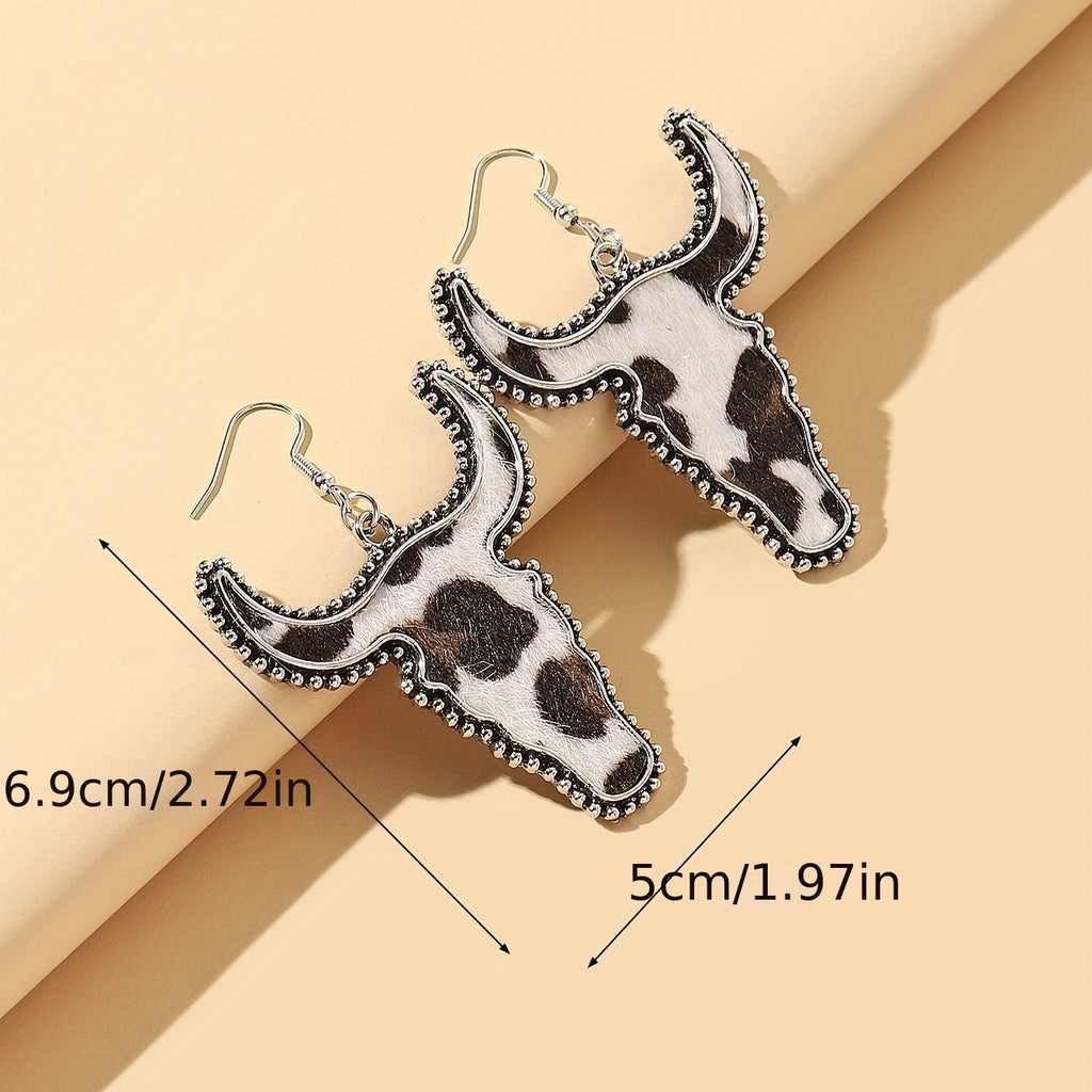 Flocking Cow/ Leopard Pattern Bull Head Design Dangle Earrings Retro Ethnic Style Western Holiday Earrings