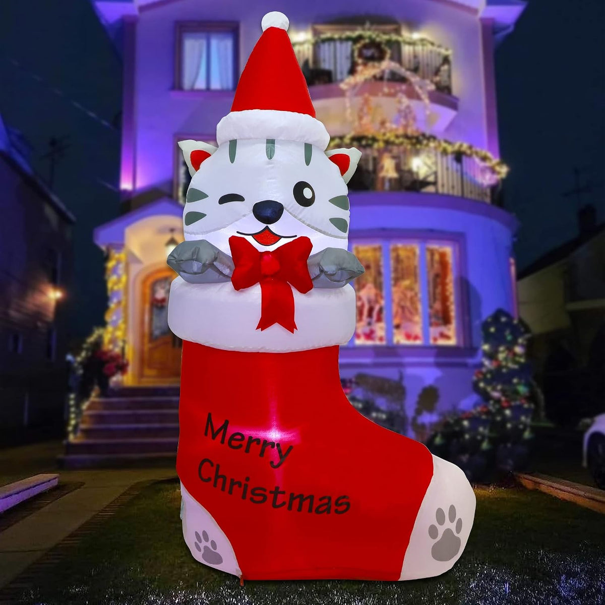 5 FT Inflatable Christmas Decoration - Lighted Kitten in Christmas Stocking for Outdoor Lawn and Garden Decor