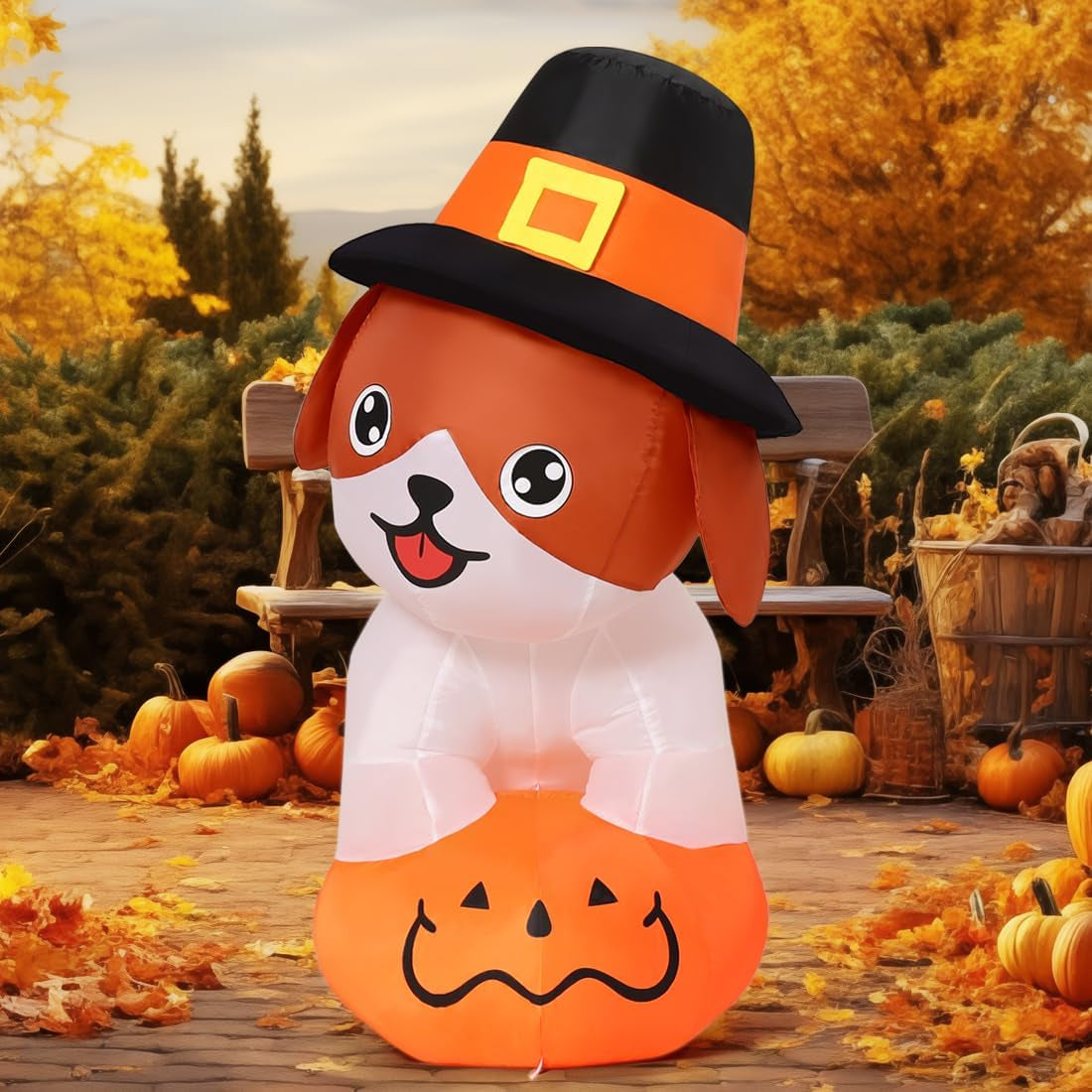 5.2 FT Thanksgiving Inflatables Dog Outdoor Decorations Blow Up Yard Cute Puppy Standing on a Pumpkin with Pilgrim Hat with Built-in LEDs for Garden Lawn Indoor Party Decor