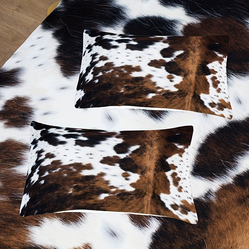 Brown And Black Cow Pattern Yak Leather Bedding Set with Washable Ultra-Fine Microfiber Duvet Cover, Soft And Comfortable, Does Not Include The Down Comforter, Available in 2 Or 3pcs Sets.