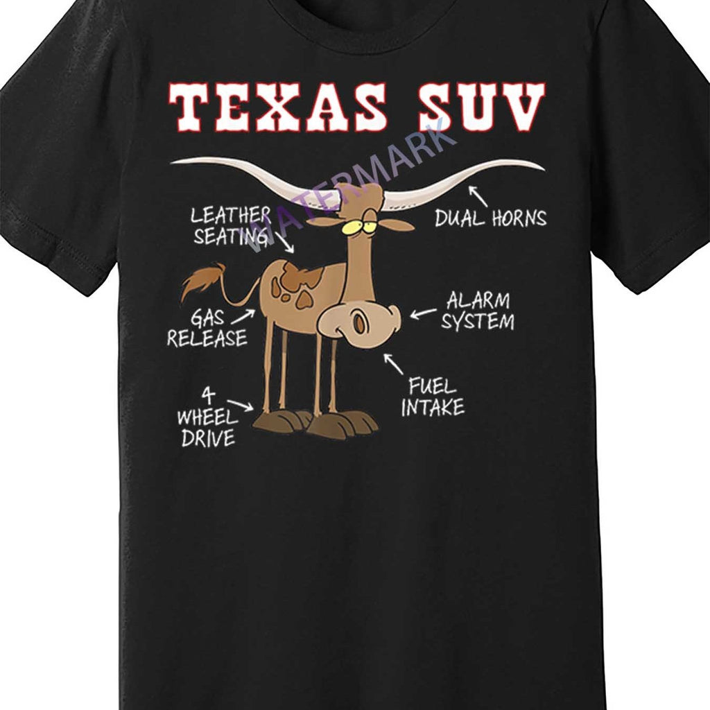 Men's Funny Texas SUV Cow Graphic T-Shirt - 100% Cotton, Short Sleeve, Black, Casual & Comfortable Fit, Machine Washable, Round Neck, Funny Longhorn Design with Dual Horns & Alarm System