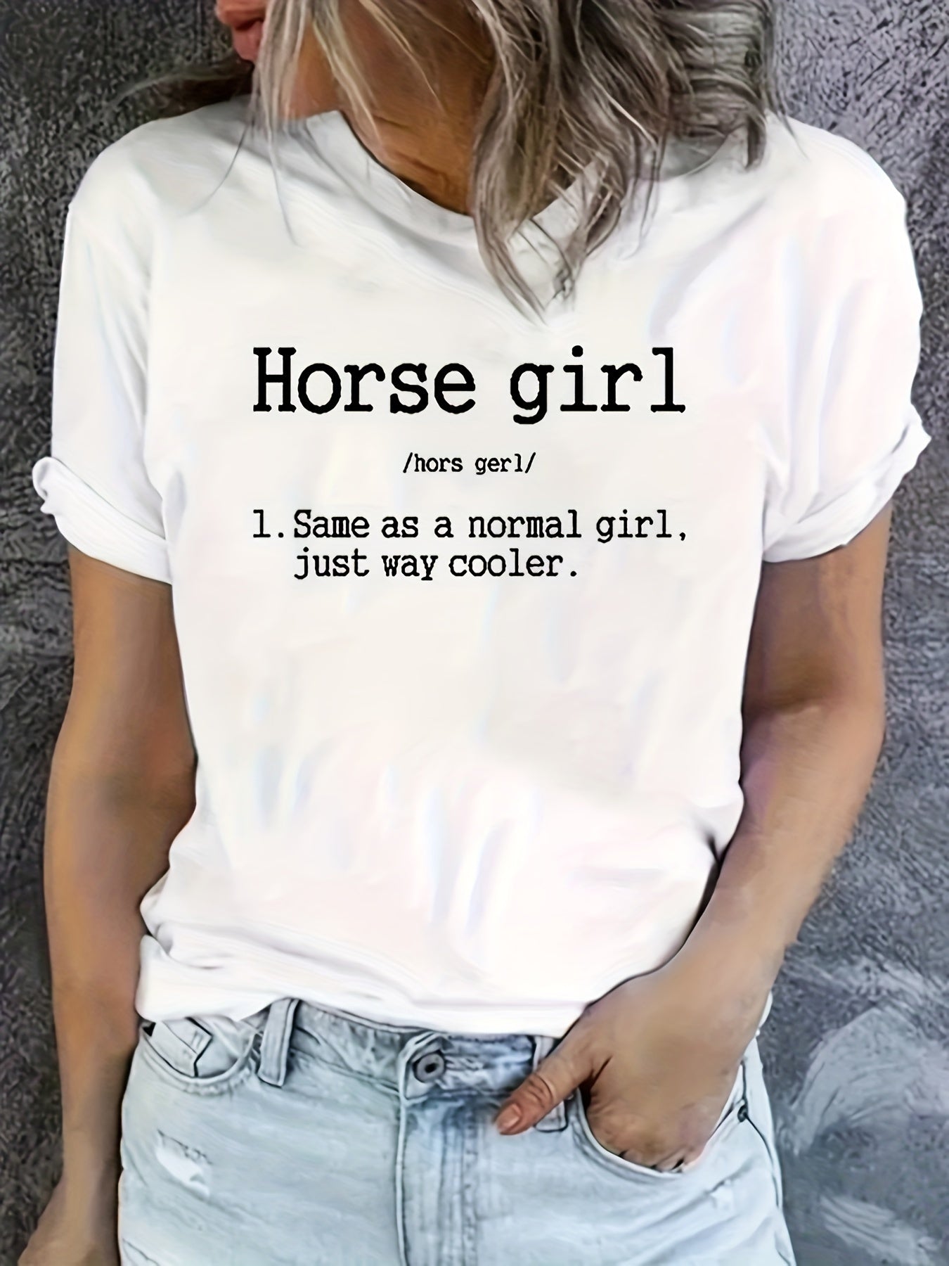 Vibrant Horse Girl Letter Print T-Shirt - Soft Short Sleeve Crew Neck Casual Top for Summer - Comfortable Women's Clothing for Horse Lovers