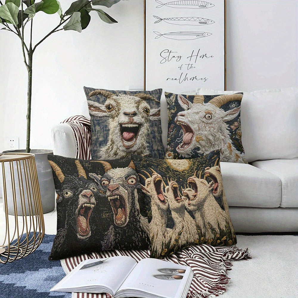 4pcs Screaming Goat Funny Design Throw Pillow Covers - Double-Sided Print, 4 Unique Patterns, Modern Home Decor for Sofa Bedroom Living Room, Zipper Closure, Machine Washable (No Insert), Decorative Pillows