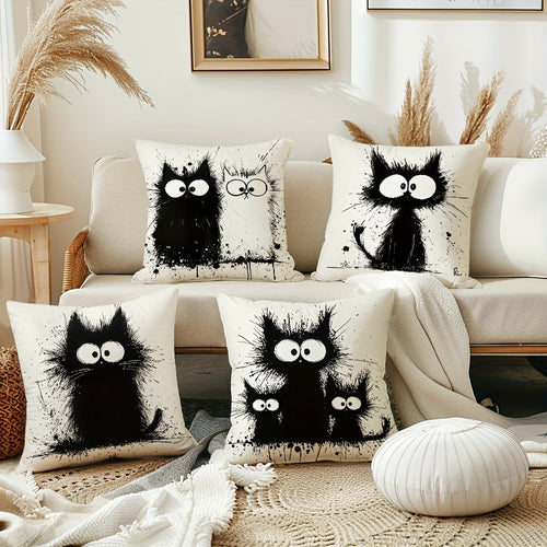 4pcs Boho Chic Black Cat Throw Pillow Covers, 18x18 Inches - Decorative Cushion Cases for Sofa & Bedroom, Zip Closure, Hand Wash Only - Perfect for Farmhouse Style Home Decor, Decorative Pillows