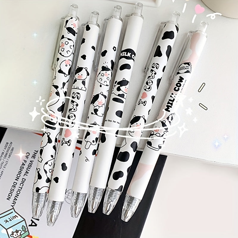 6pcs Vibrant Black Ink Cartoon Milk Cow Retractable Gel Pens Set - Fine 0.5mm Bullet Nib, Smooth Writing Experience, Ergonomic Design, Perfect for School, Office, and Artistic Creations