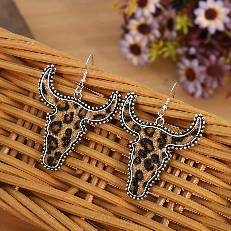 Flocking Cow/ Leopard Pattern Bull Head Design Dangle Earrings Retro Ethnic Style Western Holiday Earrings