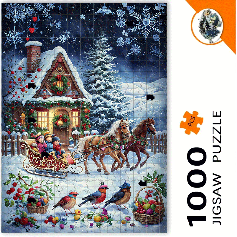 500/1000pcs Winter Village Jigsaw Puzzle for Adults & Families - Large-Scale Snowy Cottage, Sleigh & Horse-Drawn Carriage with 1000pcs (500 Optional) - Challenging Brain Teaser, Christmas/Birthday Gift, DIY Home Decor Puzzle