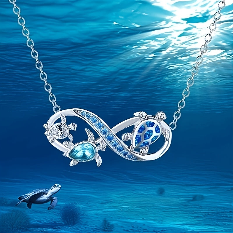 Ocean Style Blue Opal Three Turtles Infinity Symbol Pendant Necklace Valentine's Day Party Holiday Gift
